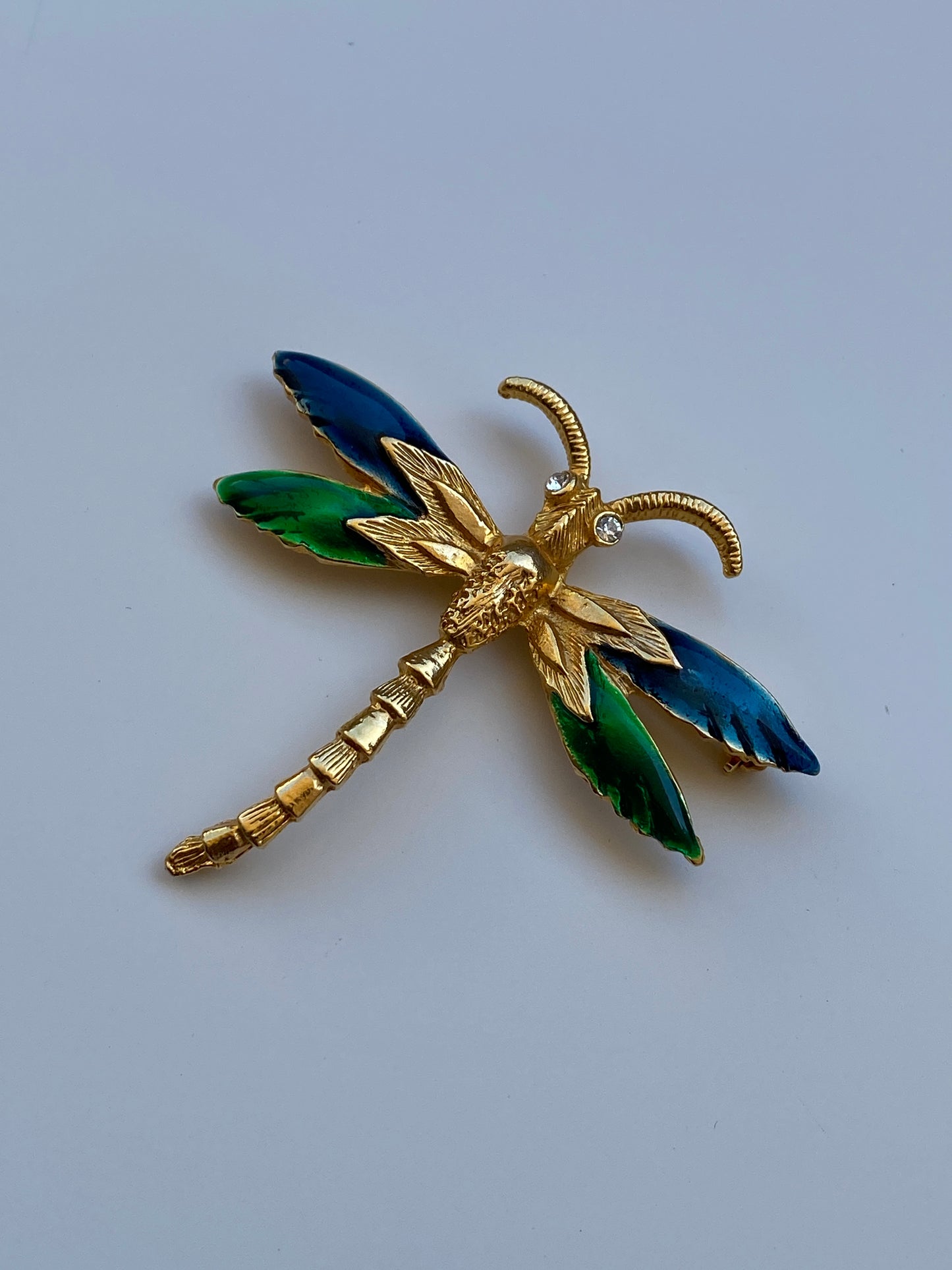 Vintage Gold Tone Enamel Dragonfly Brooch Blue & Green Winged Statement Pin