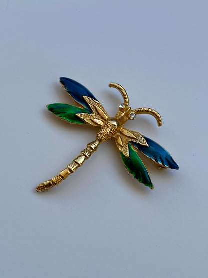 Vintage Gold Tone Enamel Dragonfly Brooch Blue & Green Winged Statement Pin