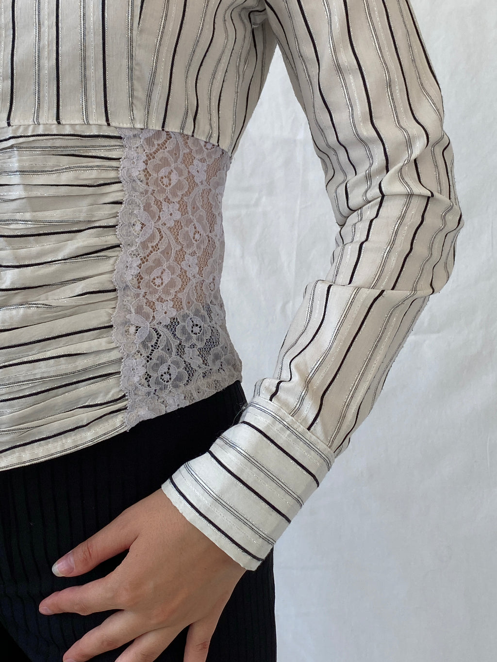 Y2K Explosion White Black Striped Office Core Full Sleeve Shirt - S