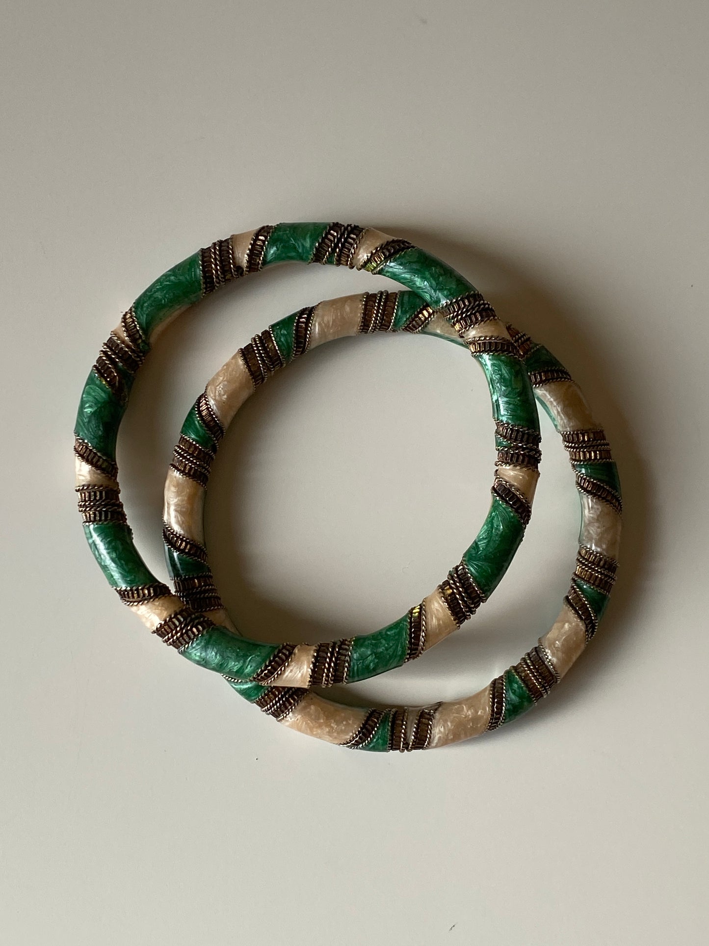 Vintage Green & Ivory Faux Malachite Rigid Bangles with Brass-Tone Detailing