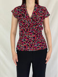 Y2K Marco Polo Ruched Wrap Waist Top Geometric Print Short Sleeve Blouse - M