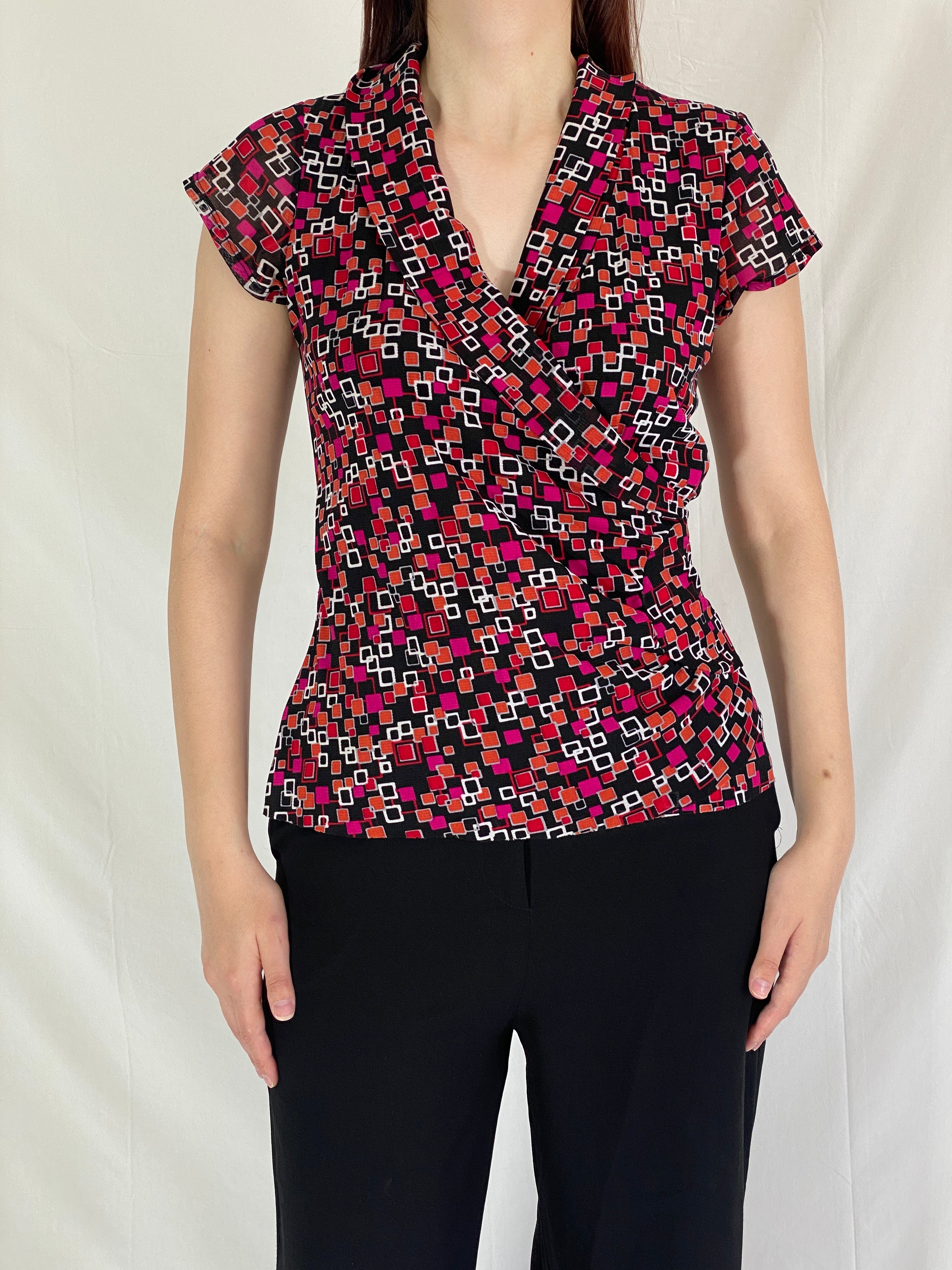 Y2K Marco Polo Ruched Wrap Waist Top Geometric Print Short Sleeve Blouse - M