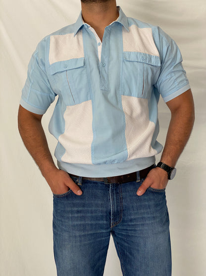 Vintage Alexxus Knit Panel Polo Shirt Blue & White Retro Pullover – XL