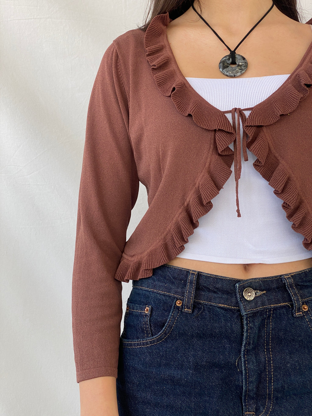 00s Jacqueline Riu Brown Ruffled Trim Tie Front Cropped Cardigan - L