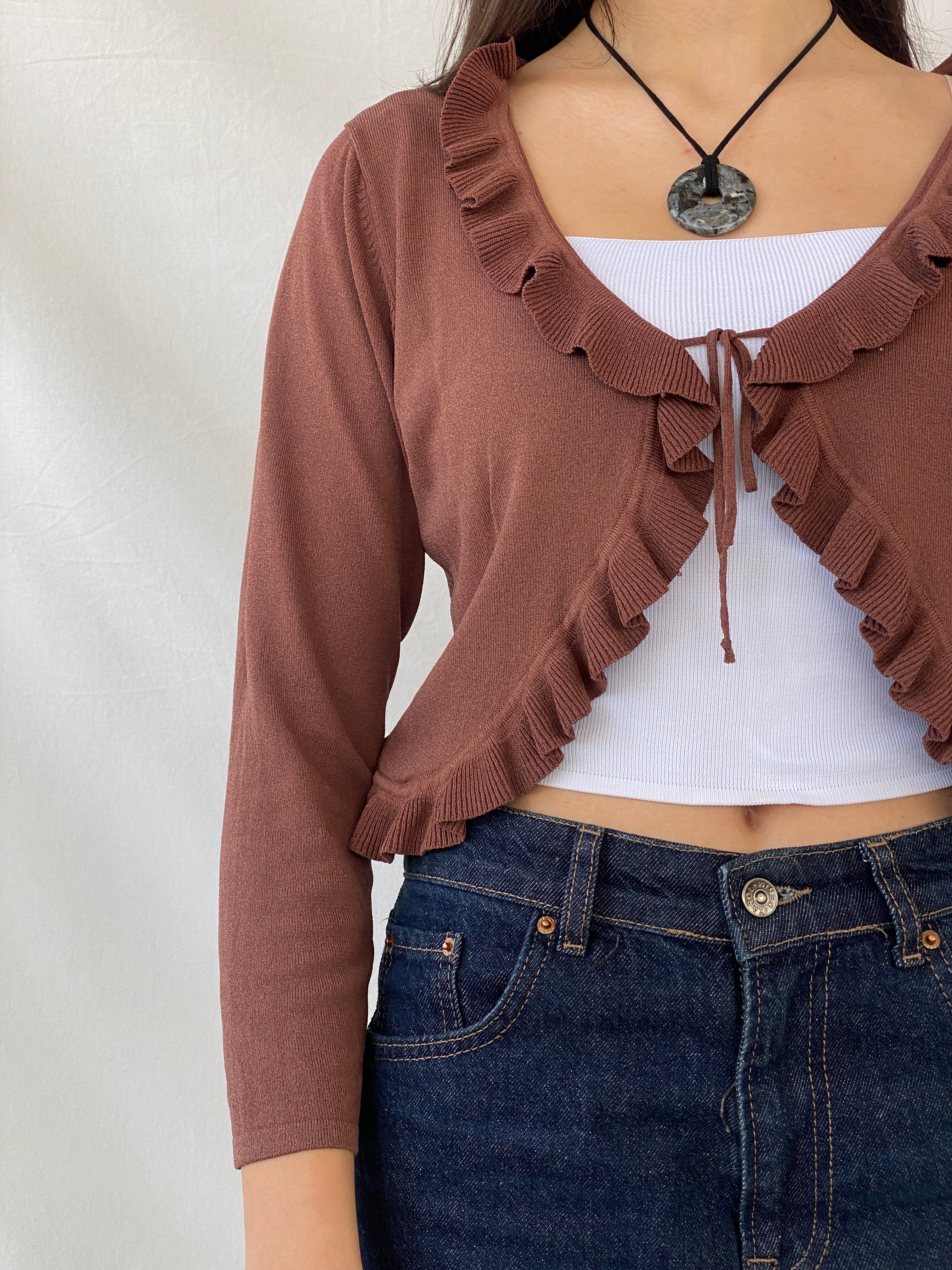 00s Jacqueline Riu Brown Ruffled Trim Tie Front Cropped Cardigan - L