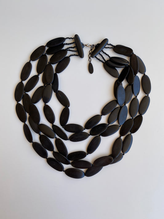 Vintage Y2K Black Multi-Strand Oval Beaded Bib Statement Necklace
