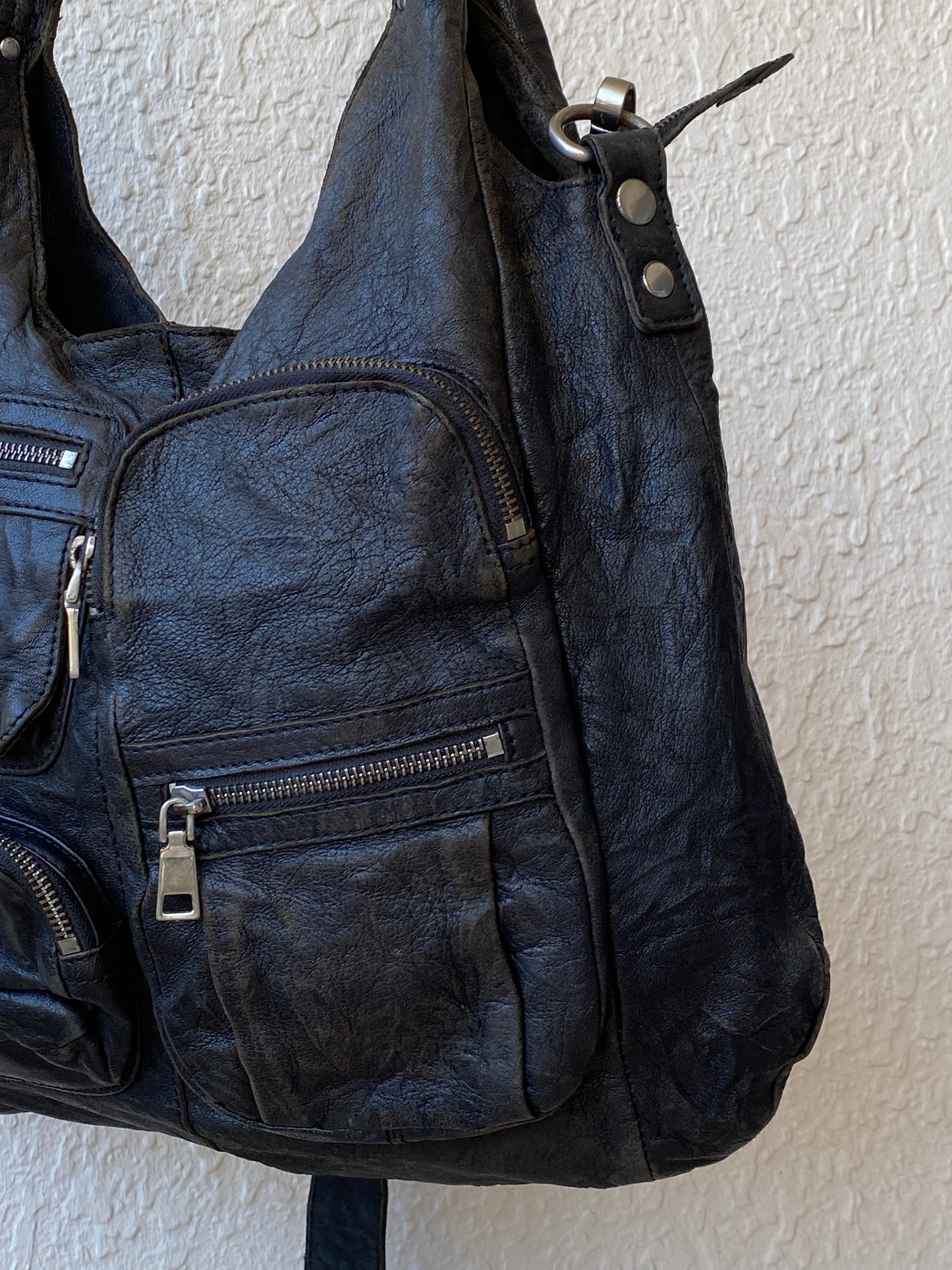 Liebeskind Berlin Distressed Black Leather Multi-Pocket Hobo Bag