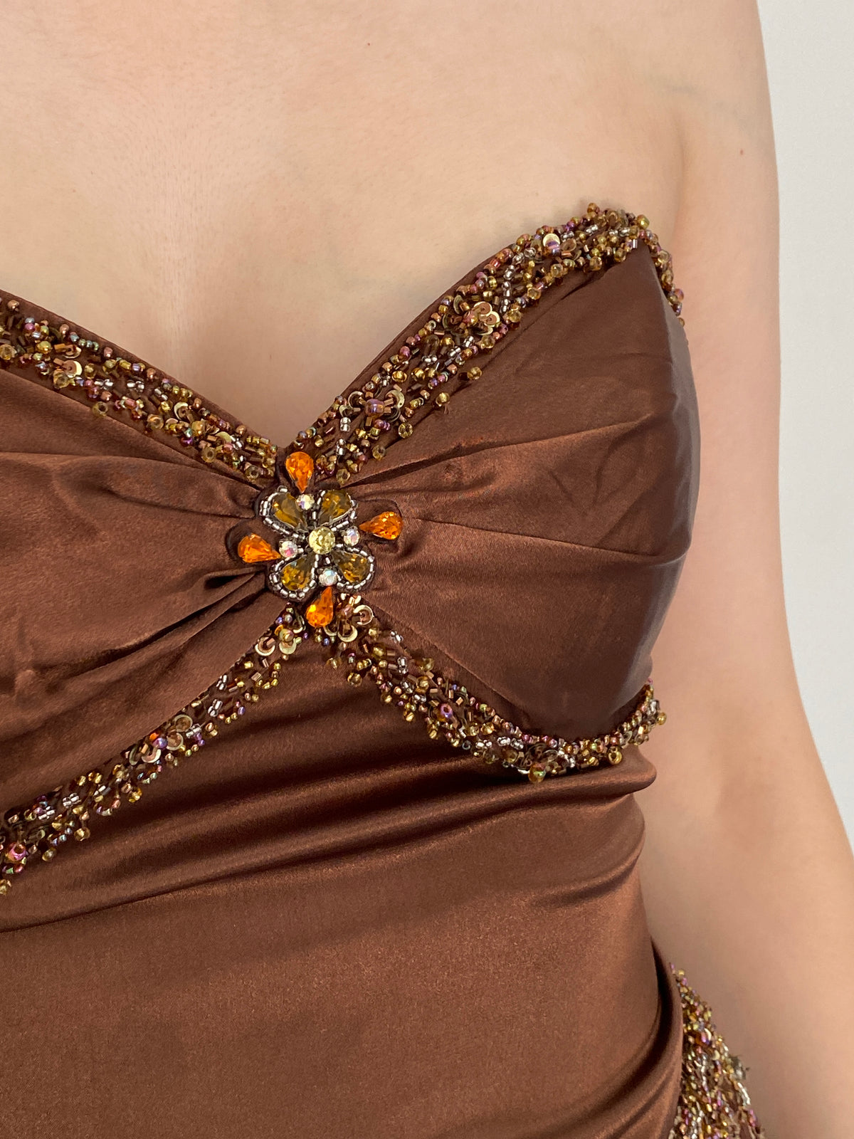 Vintage Party Time Brown Beaded Lace Strapless Formal Gown – M