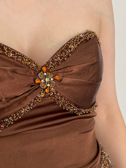 Vintage Party Time Brown Beaded Lace Strapless Formal Gown – M