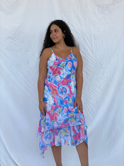 Vintage TYC Blue and Pink Floral Spaghetti Strap Midi Dress - XL