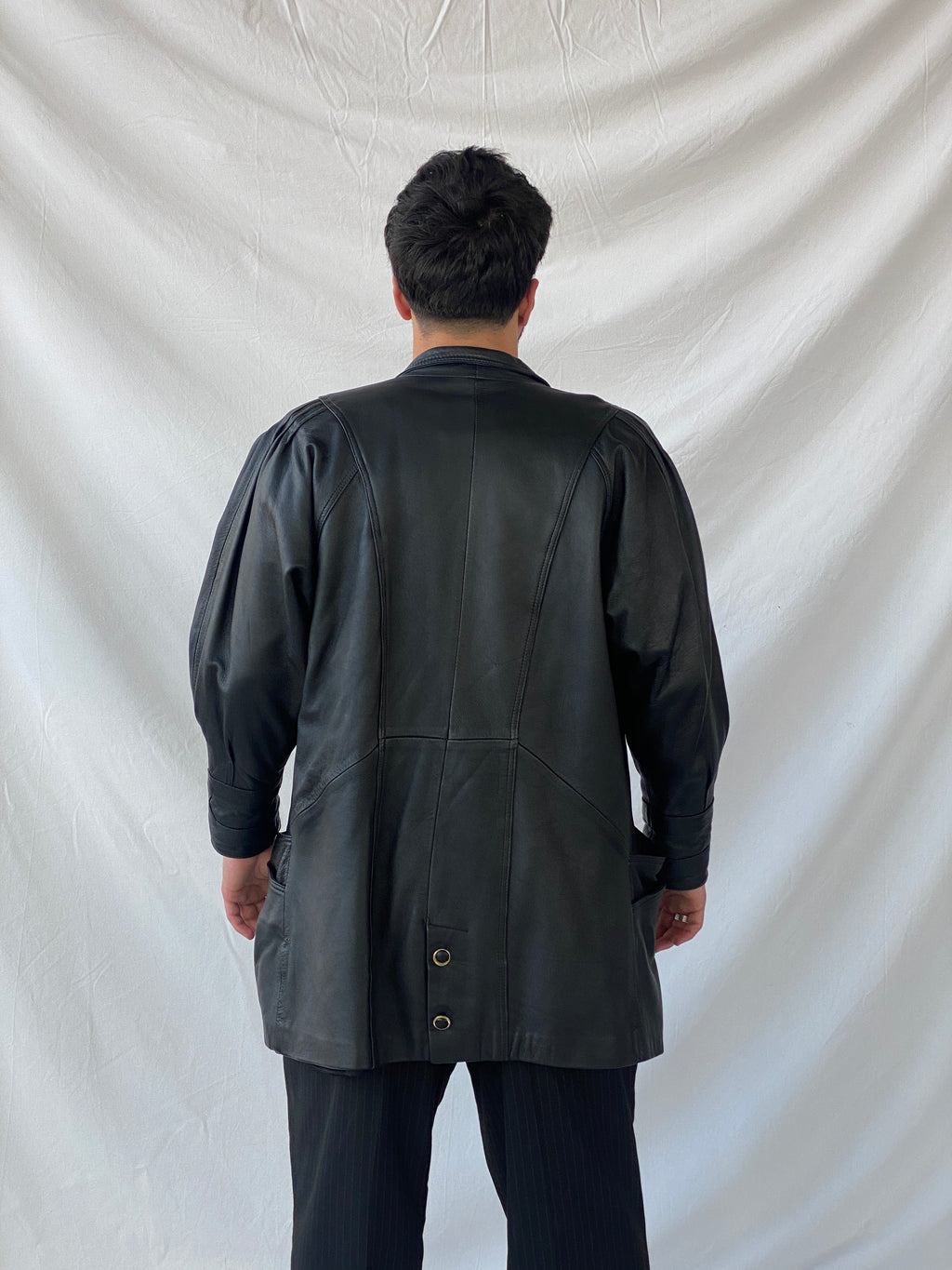 Statement 90s Vintage Genuine Italian Black Leather Coat with Geometric Details - L