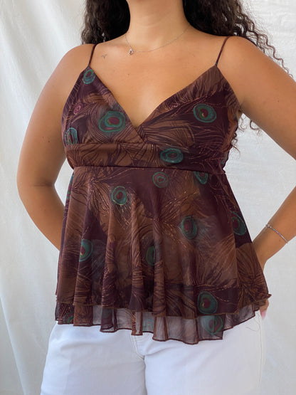 90s My Michelle Boho Peacock Print Brown Sheer Layered Cami - L