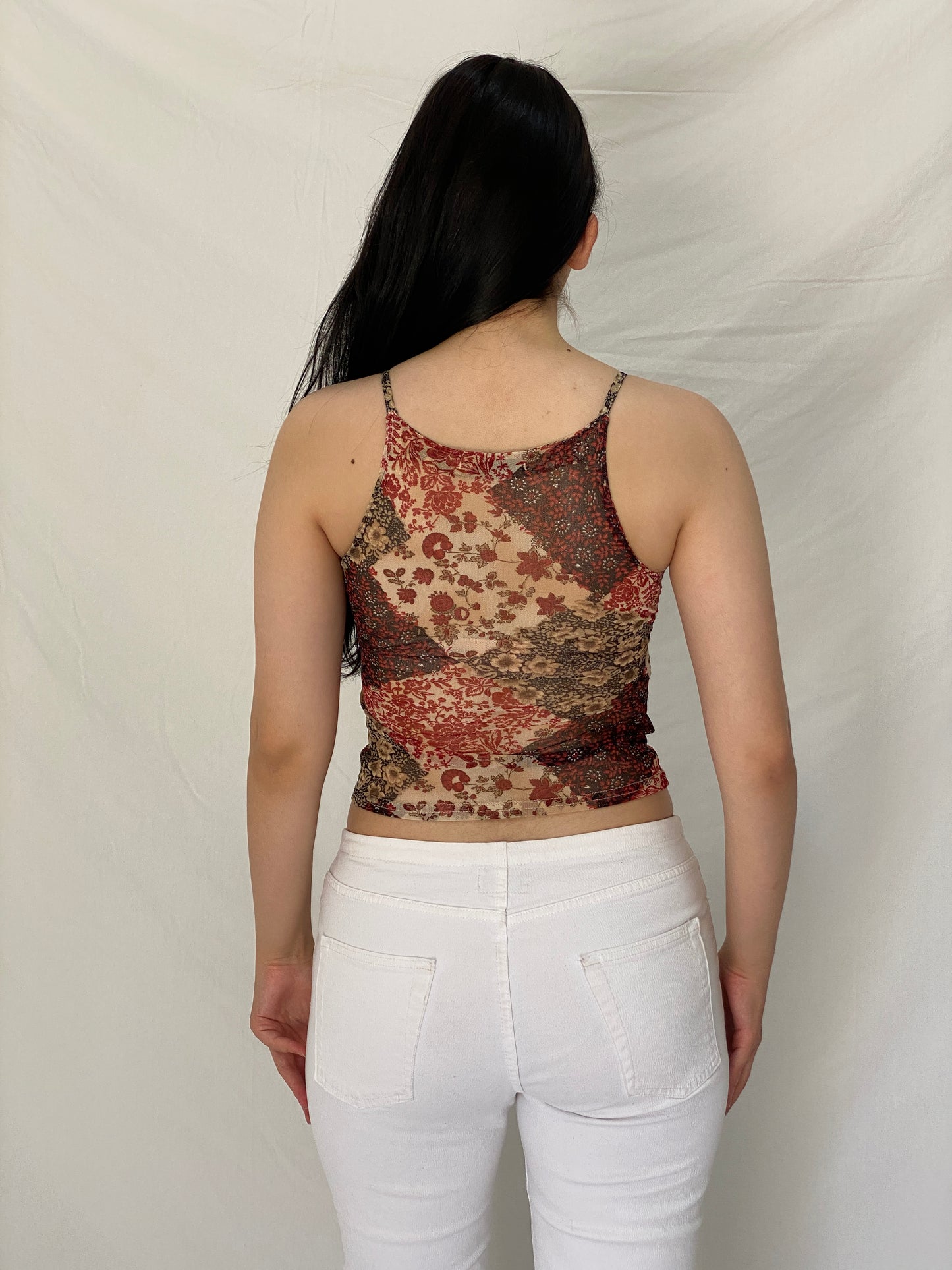 Vintage Y2K Three Brothers Red Floral Mesh Print Cami Top Sheer Stretch Tank - S