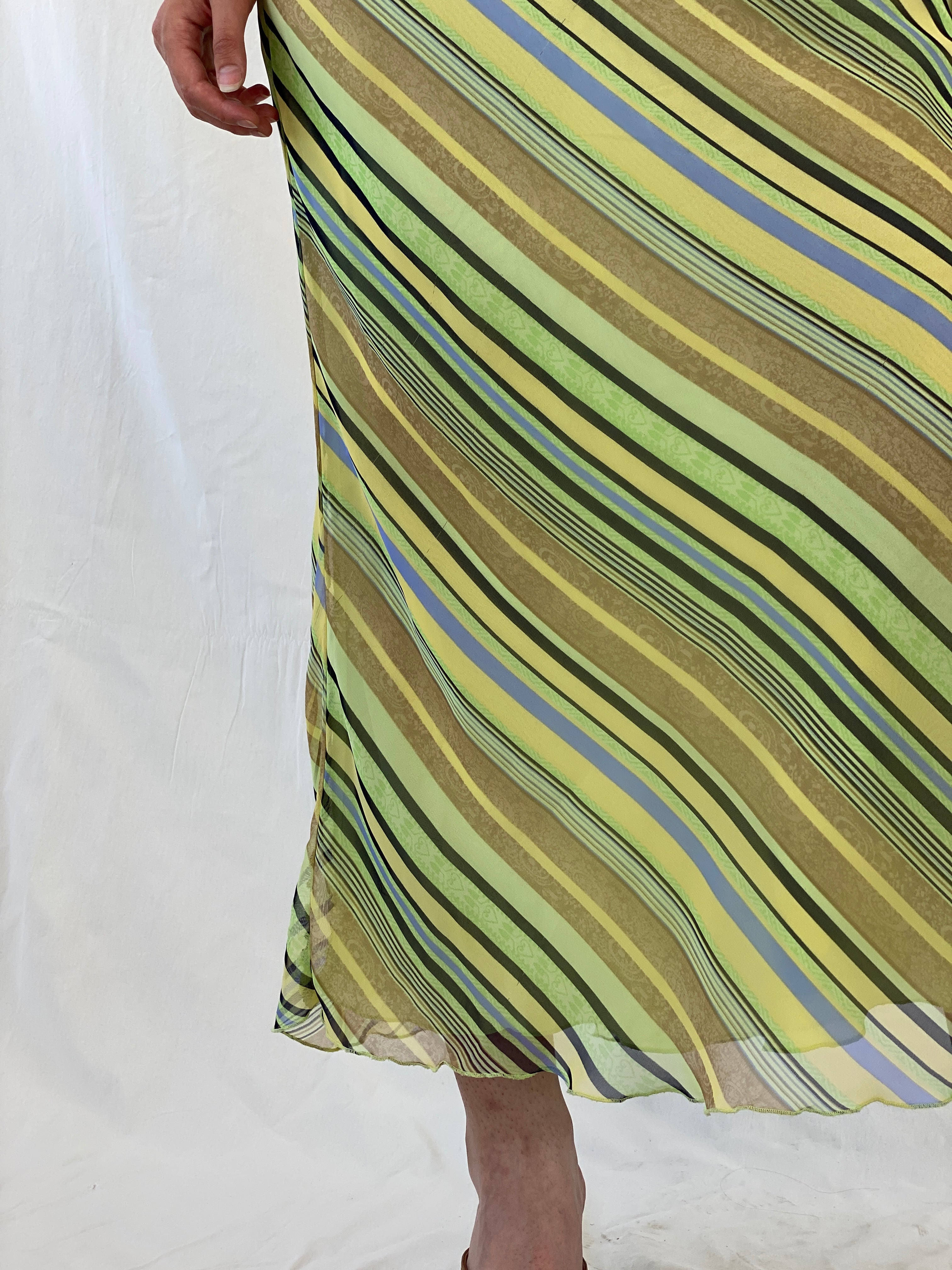 Vintage 90s Giorgio Fiorlini Striped Green Butter Yellow Maxi Skirt - S