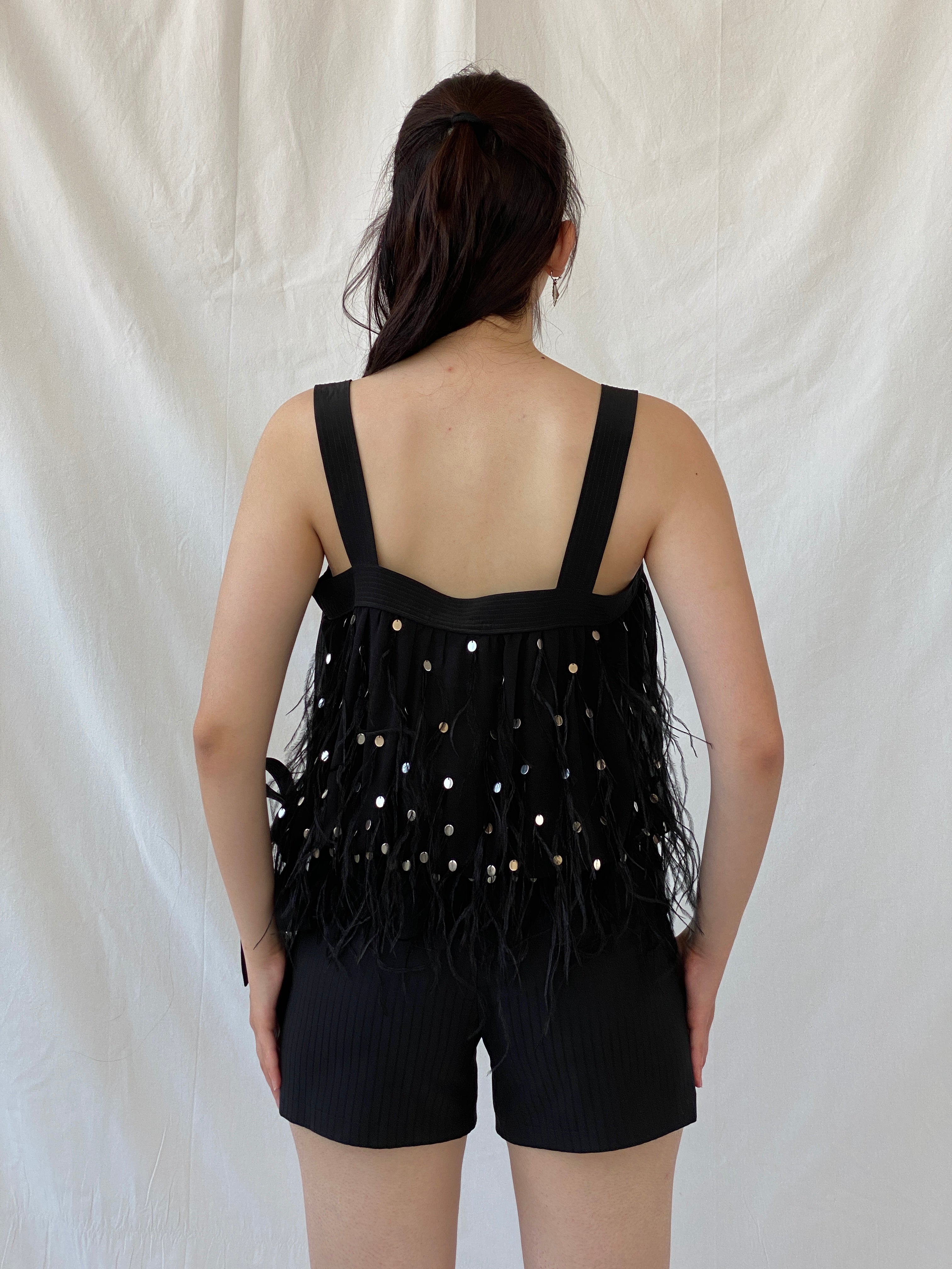 NWT Vintage FÉRAUD Paris Black Silk Feather Sequin Top - M