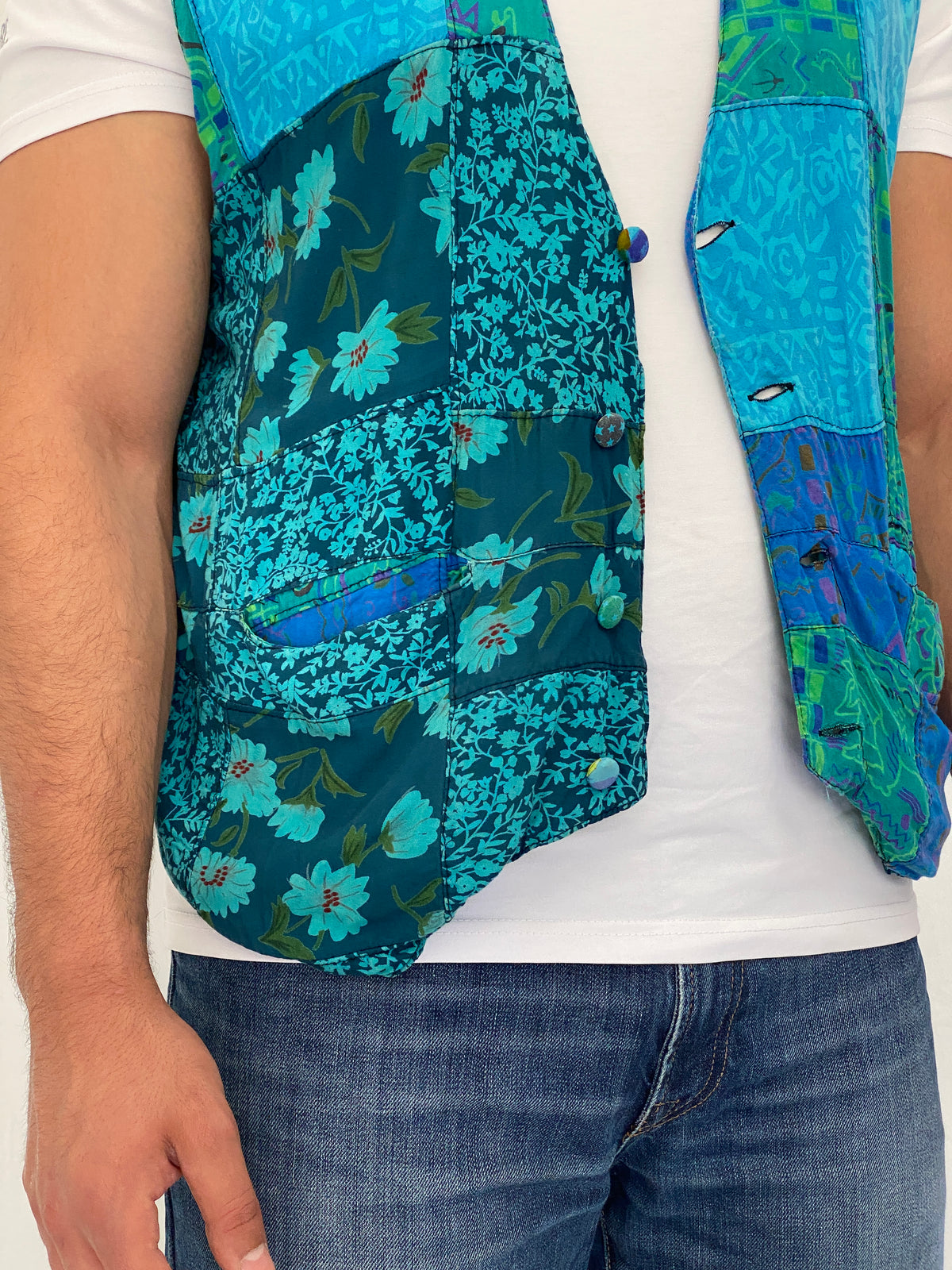 Vintage 90s Nativewear Designs Blue Green Patchwork Boho Festival Vest – XL Vintage 90s Nativewear Designs Blue Green Patchwork Boho Festival Vest – XL