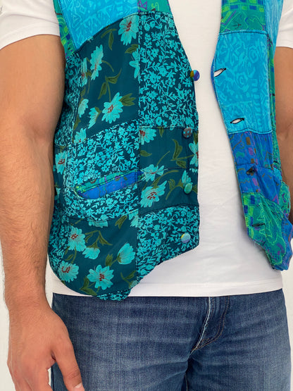 Vintage 90s Nativewear Designs Blue Green Patchwork Boho Festival Vest – XL