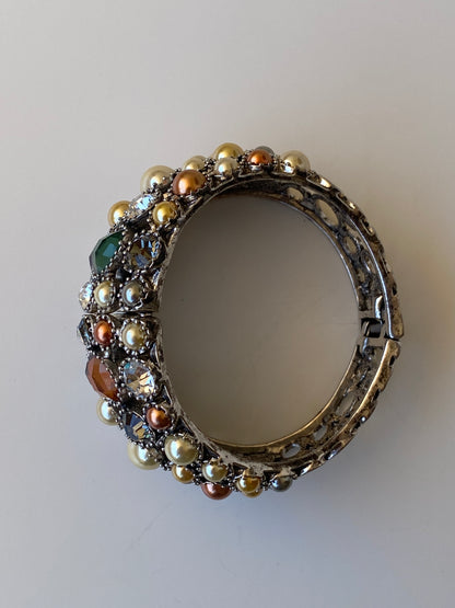 Vintage Jewel Tone Rhinestone Cuff Bracelet Pearl & Crystal Statement Bangle