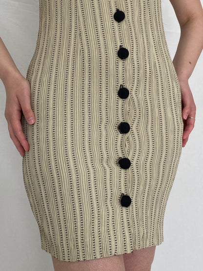 Vintage 90s Dawn Joy Fashions Beige Patterned Fitted Mini Dress - S
