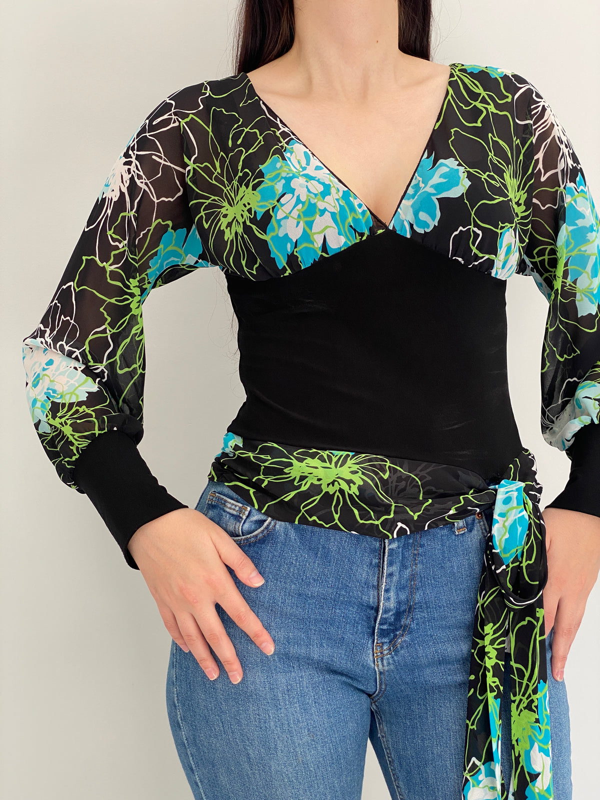 Vintage Y2K Co-me Como Black Floral Sheer Wrap Tie Top - M