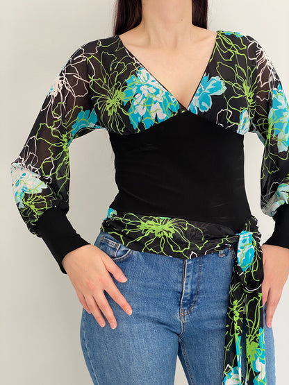 Vintage Y2K Co-me Como Black Floral Sheer Wrap Tie Top - M