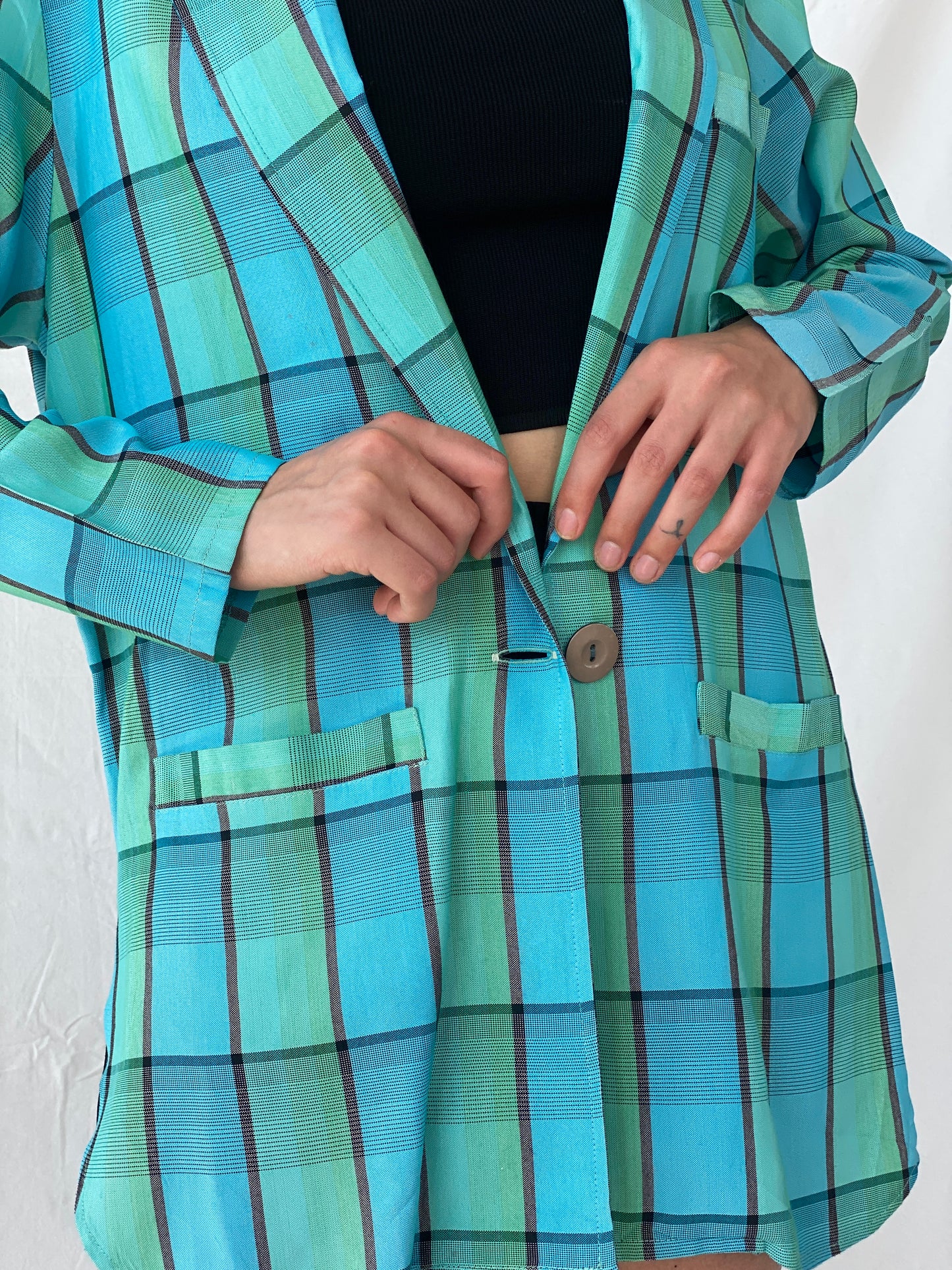 Vintage 80s/90s Instant Shop Green & Blue Plaid Oversized Blazer - L