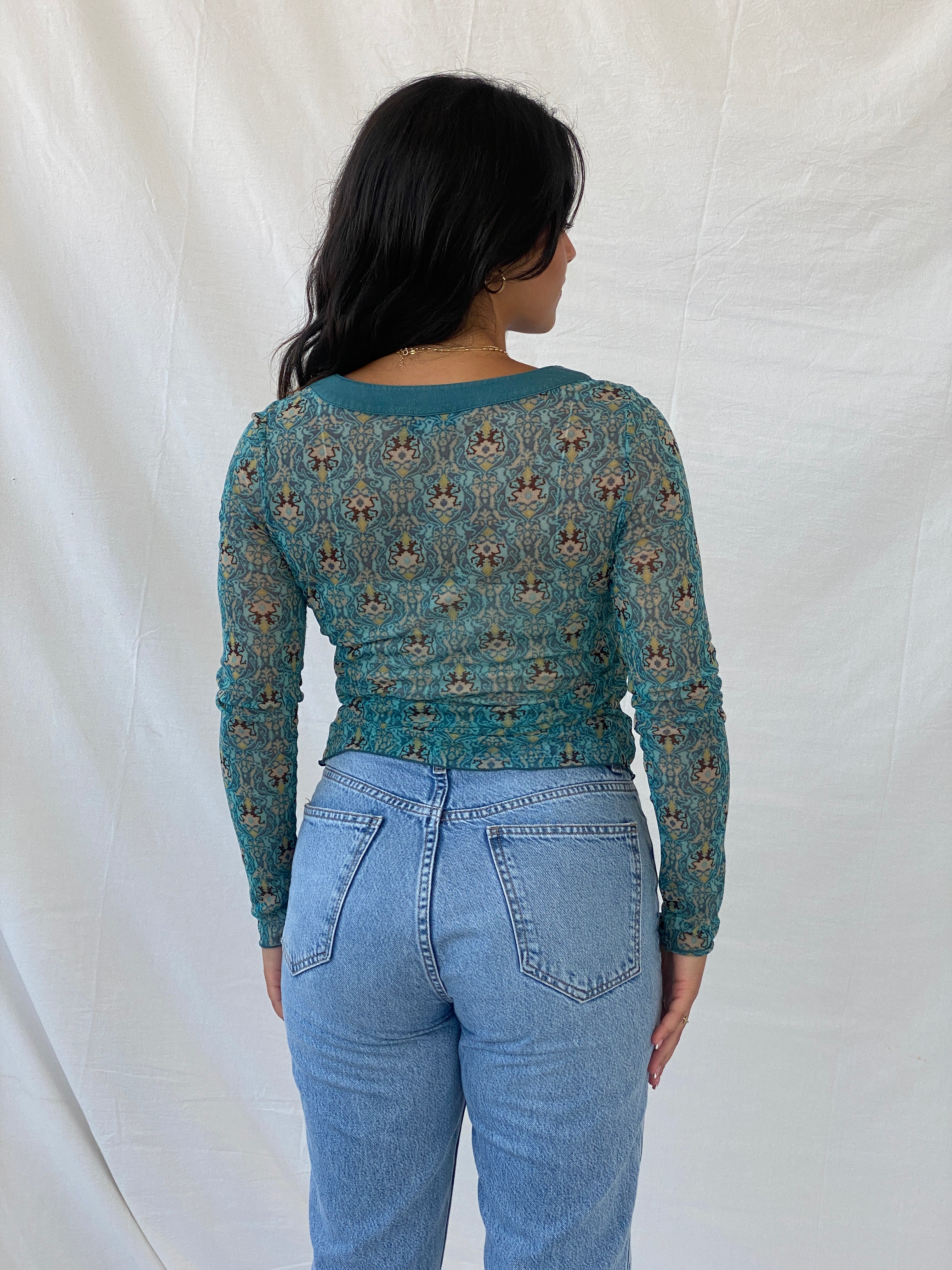 Y2K Mexx Blue Full-Sleeve Printed Mesh Top - S