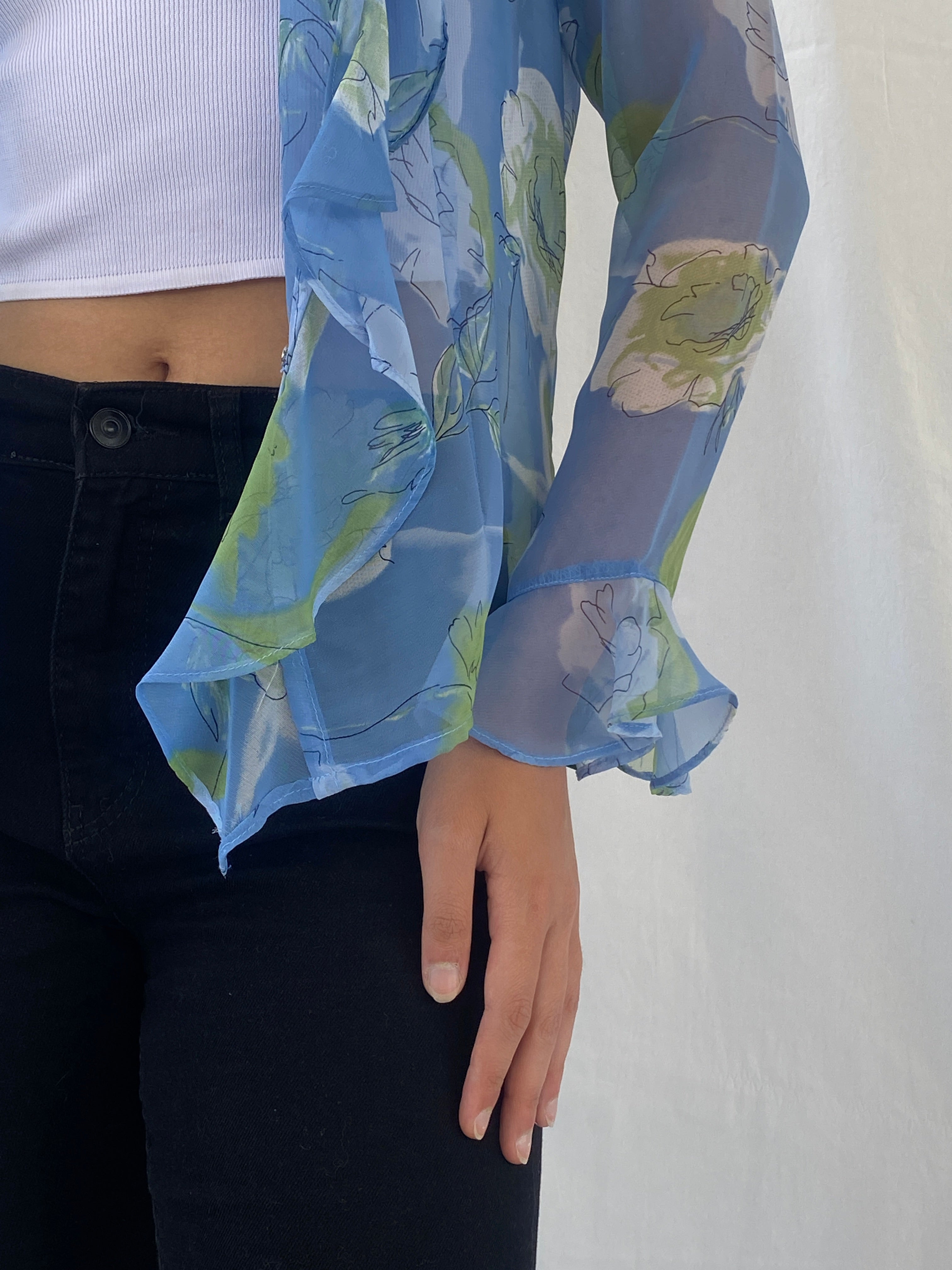 Vintage Penmaris Sheer Blue Floral Green Ruffled Trim Cardigan - M