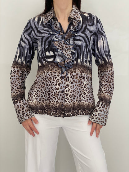 Y2K BiBA Grey & Brown Mixed Animal Print Shirt Ruffle Blouse – M