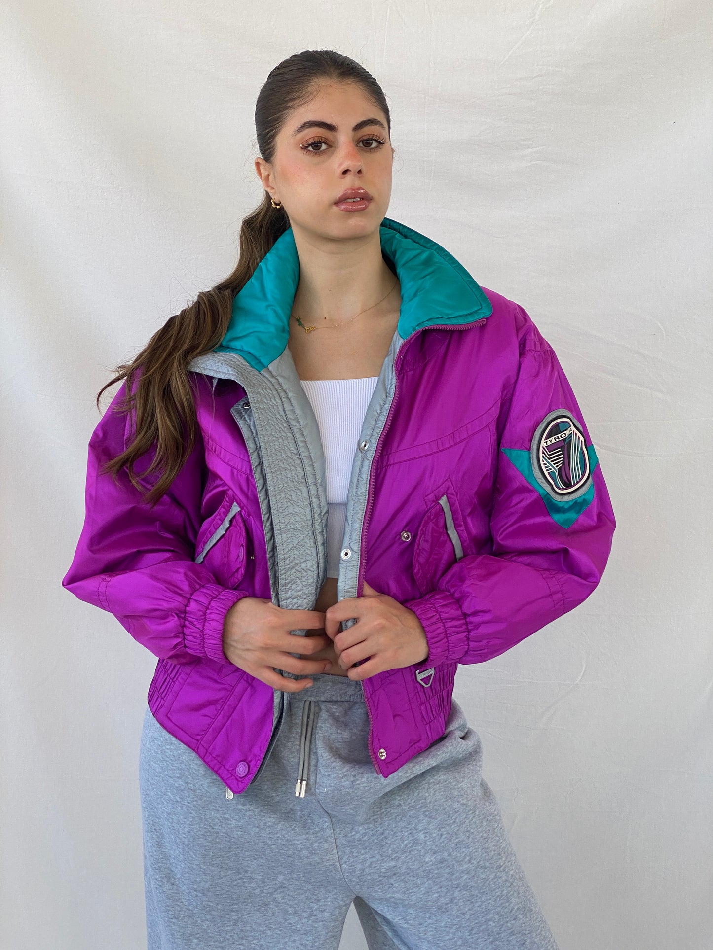 80s/90s TYROLIA Skiwear Pink and Green Ski Puffer Jacket - M