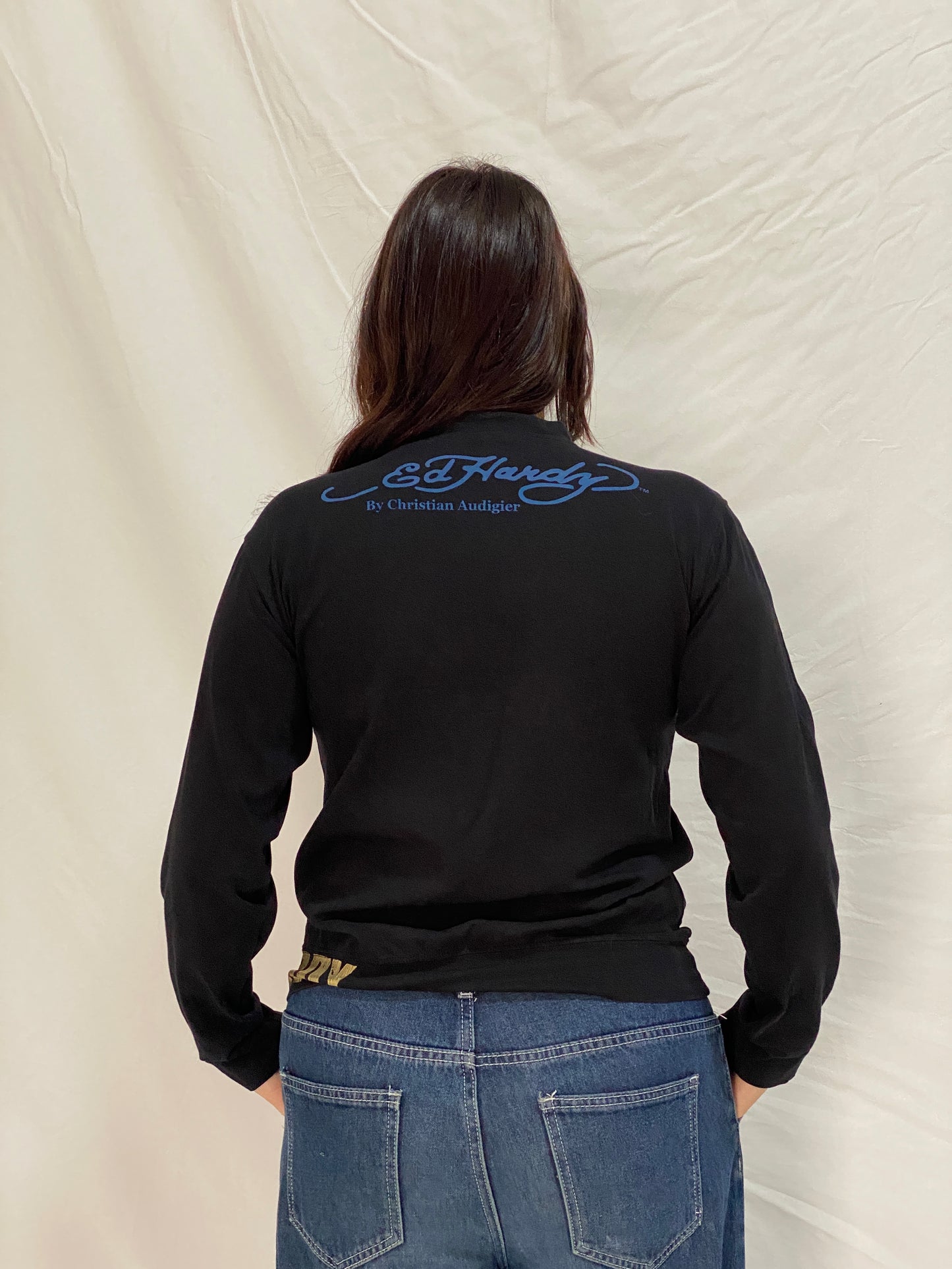 Vintage Ed Hardy Golden Rose Skull Graphic Long Sleeve Top by Christian Audigier - M