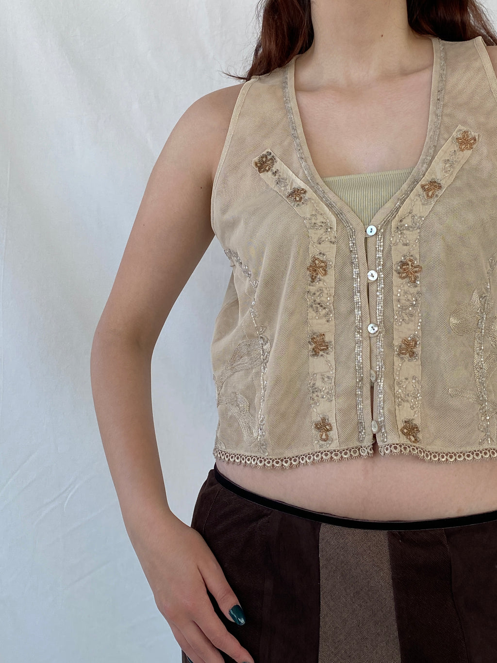 Vintage CRiSCA Beaded Coquette Beige Fairycore Mesh Vest - L