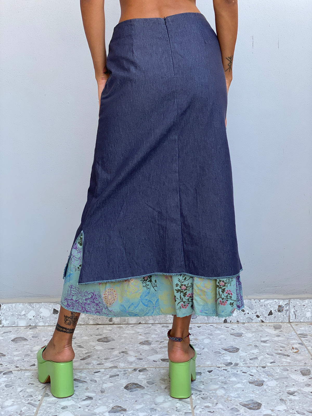 Vintage Y2K Renato Bene Paris Chambray Overlay Floral Midi Skirt Asymmetrical Layered Boho Skirt - S Vintage Y2K Renato Bene Paris Chambray Overlay Floral Midi Skirt Asymmetrical Layered Boho Skirt - S