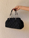 Vera Bradley Black Quilted Purse Microfiber Handbag Silver Chain Handle Frame Ball Lock