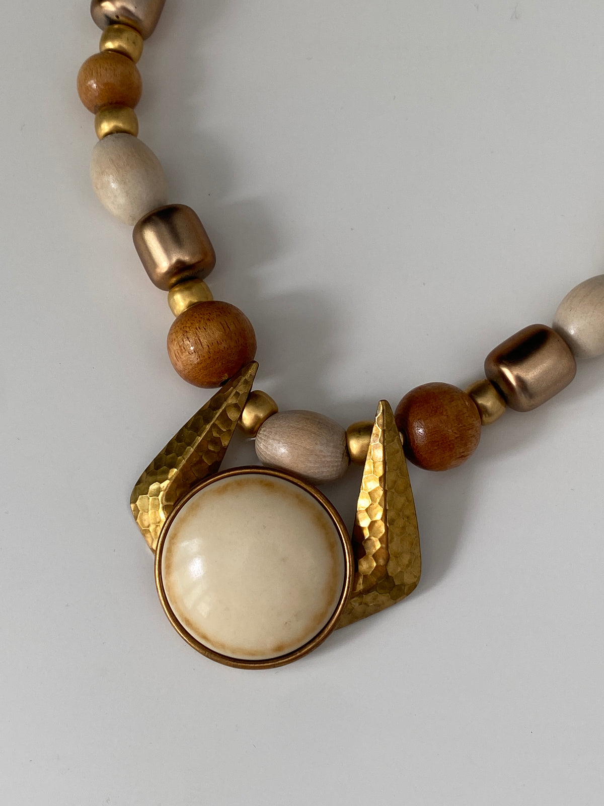 Vintage 90s Wood Bead Statement Necklace – Neutral Tones Gold Accents Pendant Necklace Vintage 90s Wood Bead Statement Necklace – Neutral Tones Gold Accents Pendant Necklace