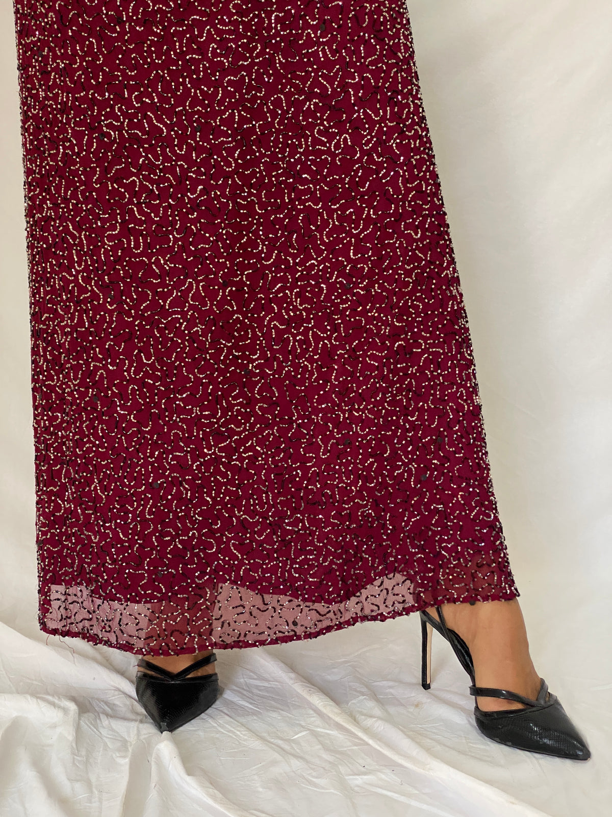 Vintage Romy Scala Burgundy 100% Silk Beaded Cross-Back Maxi Dress – M