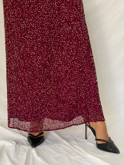 Vintage Romy Scala Burgundy 100% Silk Beaded Cross-Back Maxi Dress – M