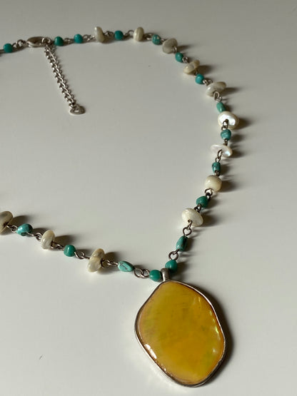 Vintage Yellow Stone Pendant Turquoise Beaded Chain Necklace Boho 90s Artisan Style Jewelry