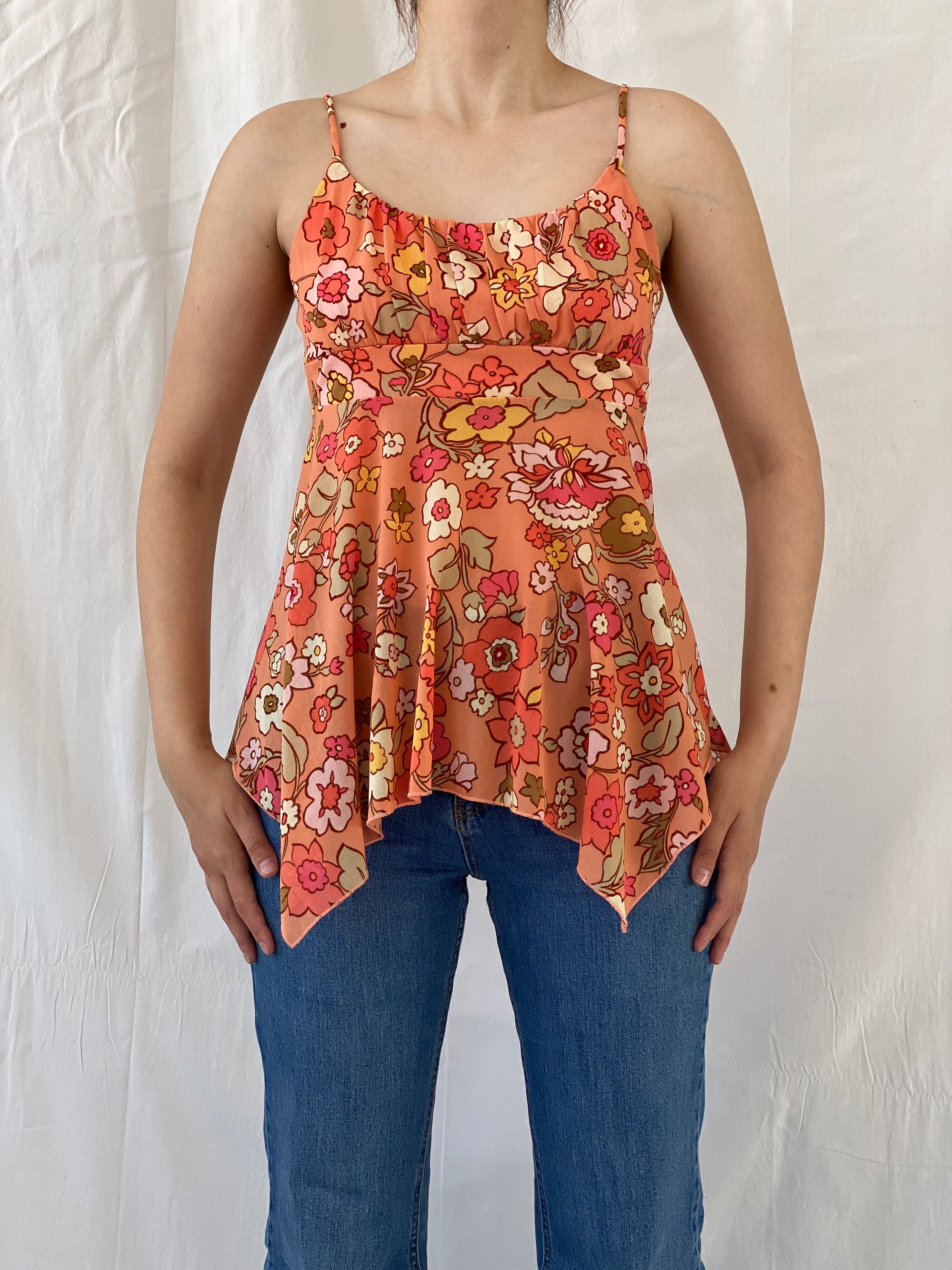 Cutest Y2K Self Esteem Peach Floral Fairy Asymmetric Cami Top - M