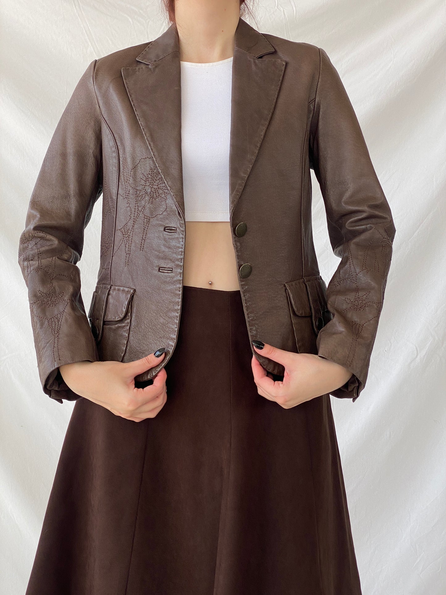 Vintage FRANSA Brown Genuine Leather Floral Embroidered Women’s Blazer Jacket - M
