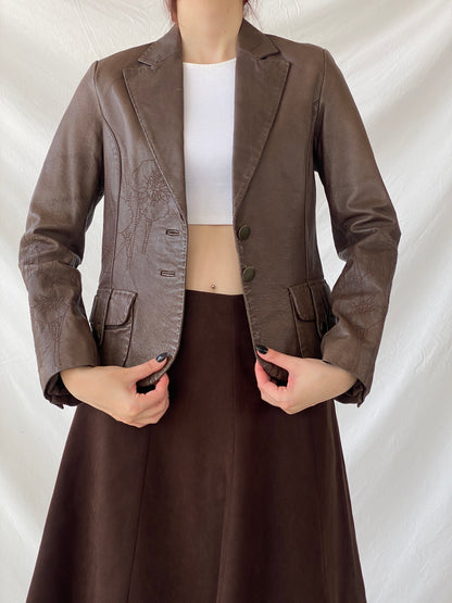 Vintage FRANSA Brown Genuine Leather Floral Embroidered Women’s Blazer Jacket - M