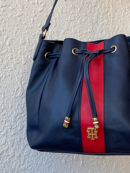 Tommy Hilfiger Navy Blue & Red Drawstring Bucket Shoulder Bag