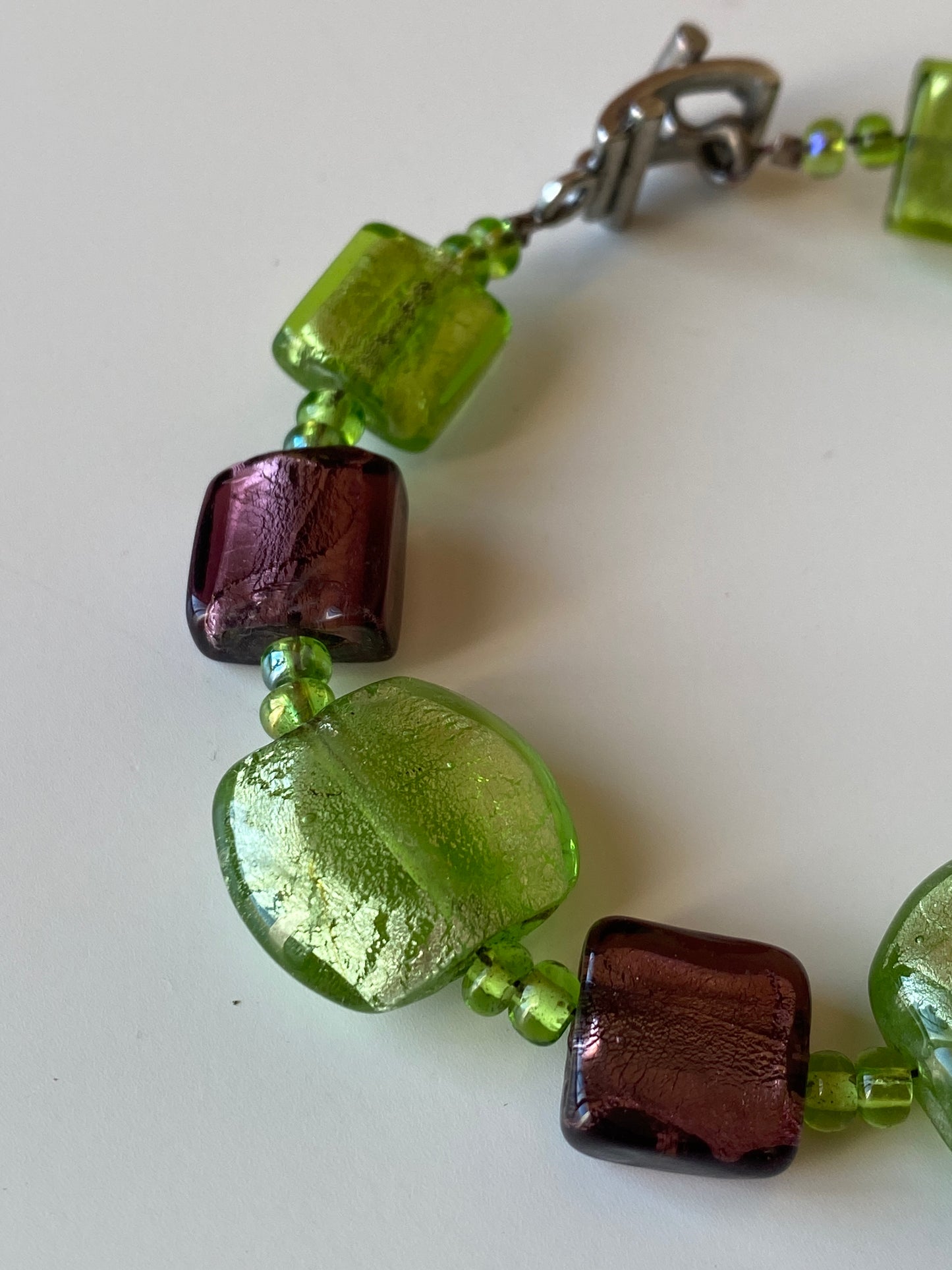 Vintage Lampwork Glass Bead Bracelet Green & Plum Artisan Beads with Toggle Clasp