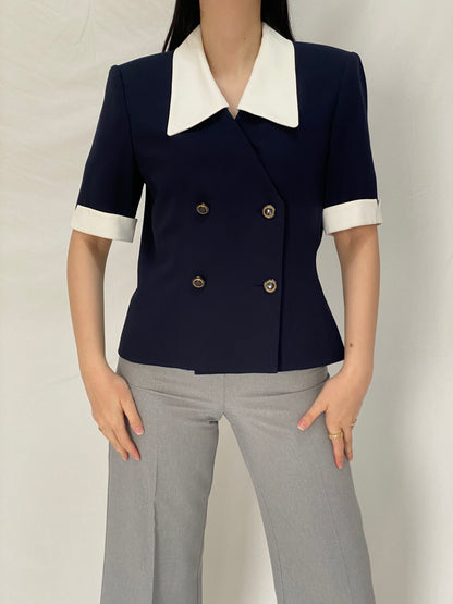 Vintage Kasper for ASL Navy White Tailored Short Sleeve Blazer - M