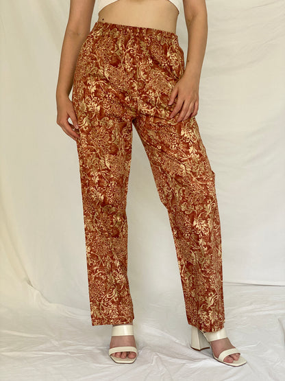 Vintage Peruvian Connection Rust & Cream Baroque Print Cotton Pants – M