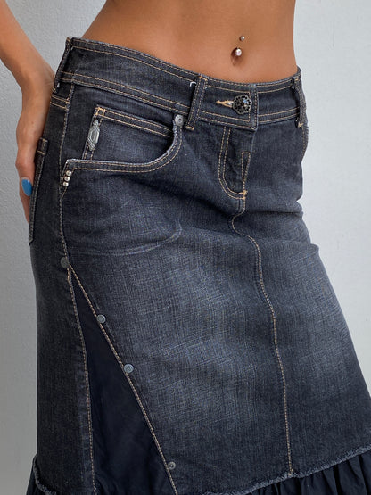 Y2K Mexx Dark Wash Denim Ruffle Midi Skirt Whimsigoth Hem – XS