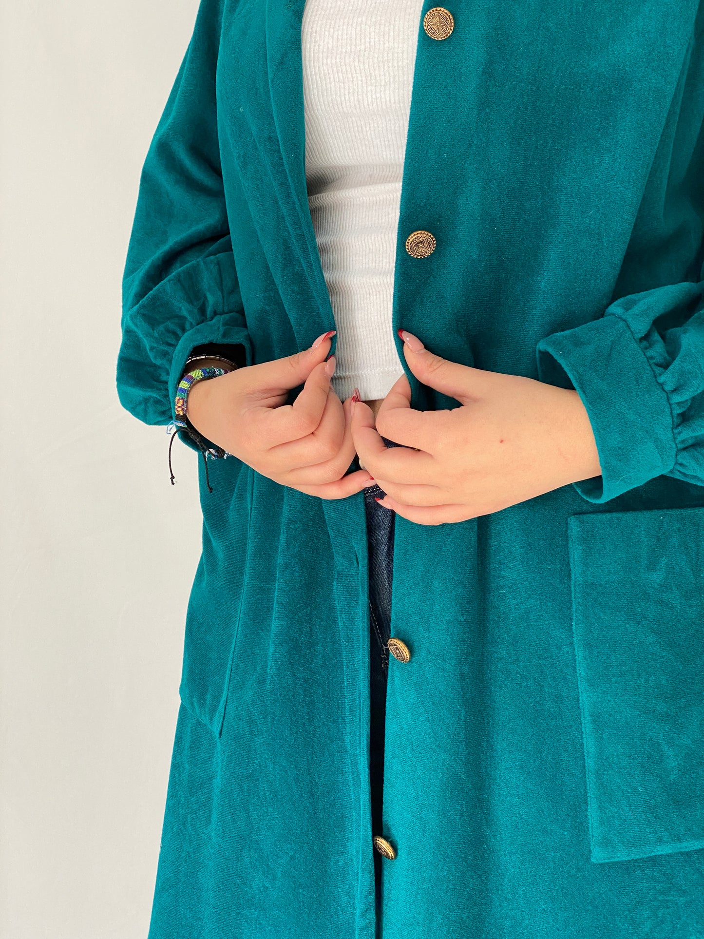 Vintage Vanity Fair Teal Velvet Kimono-Style Jacket with Gold Buttons - L