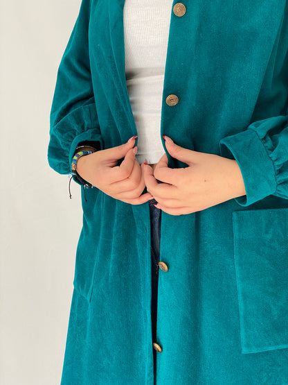 Vintage Vanity Fair Teal Velvet Kimono-Style Jacket with Gold Buttons - L