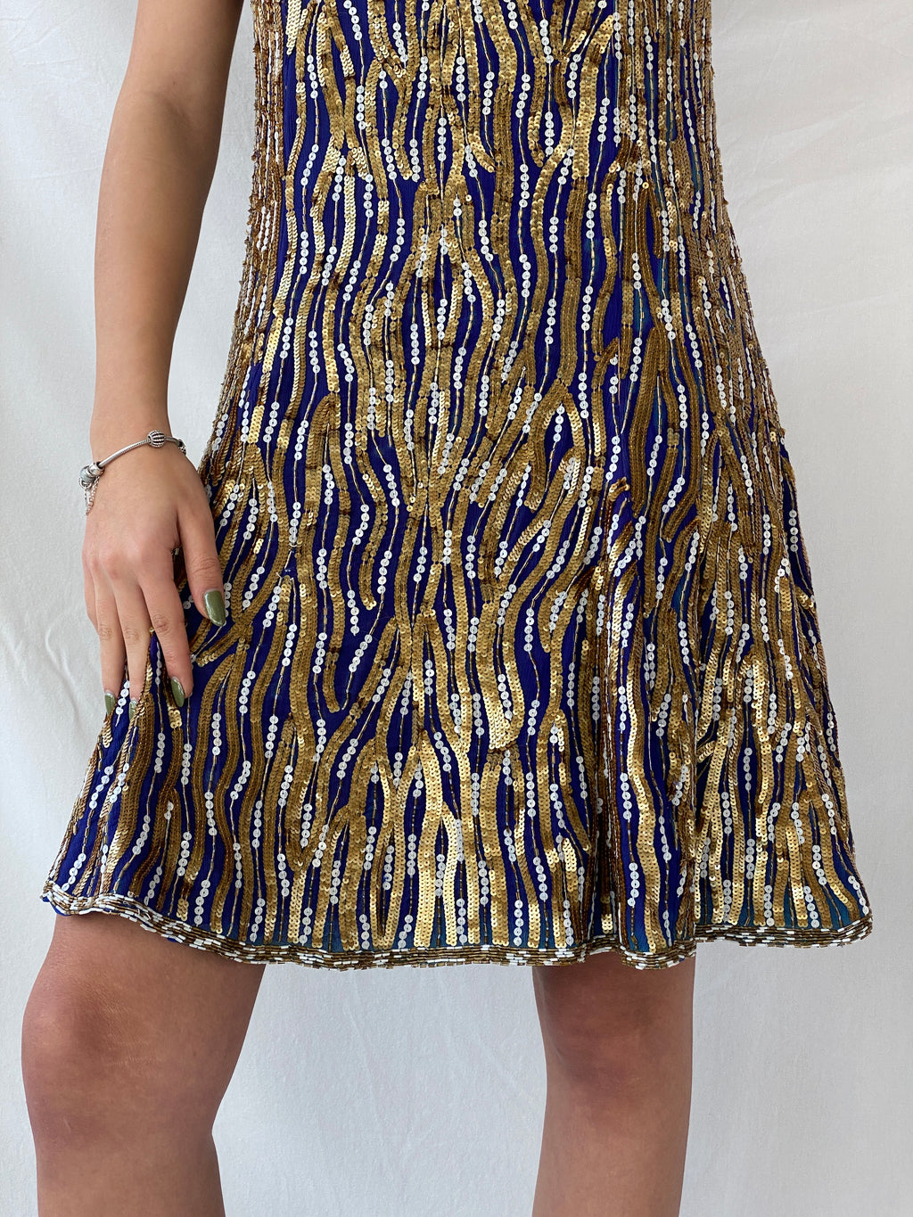 Vintage Razzle Dazzle Pure Silk Blue Gold Sequin Boxy Midi Dress - M