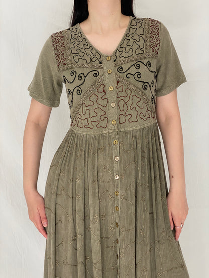 Vintage 90s Olive Embroidered Boho Rayon Blend Button Midi Dress – M